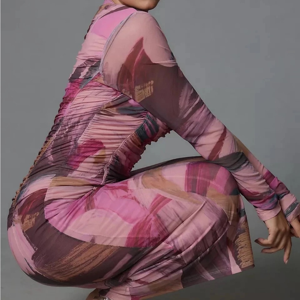 Anthropologie Long Sleeve Printed Mesh Midi Maxi Dress Ruched Mock Neck - Picture 7 of 16